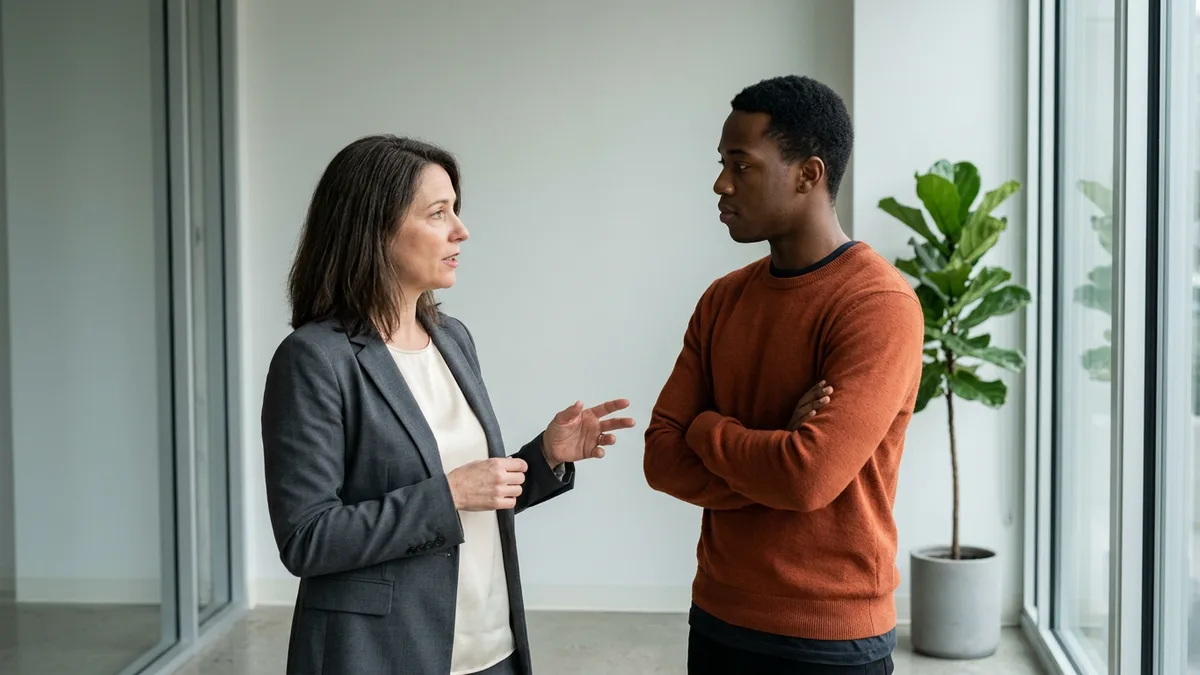 Contract consultant in a grey blazer walking a staff engineer in an orange sweater through a knowledge transfer beside an office window