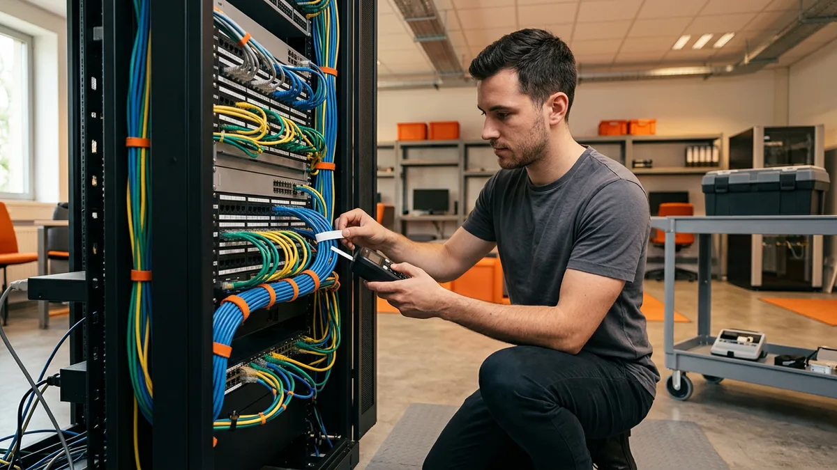 Engineer crouching at an open server rack labeling a bundle of network patch cables with a handheld label maker