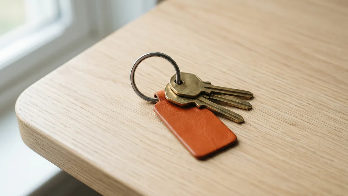 Three brass keys and a blank orange leather tag on a steel key ring resting on an oak desk