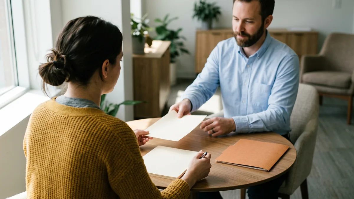 Woman in a mustard cardigan holding a pen over blank forms while a bearded man in a light blue shirt slides a blank sheet across a round office table