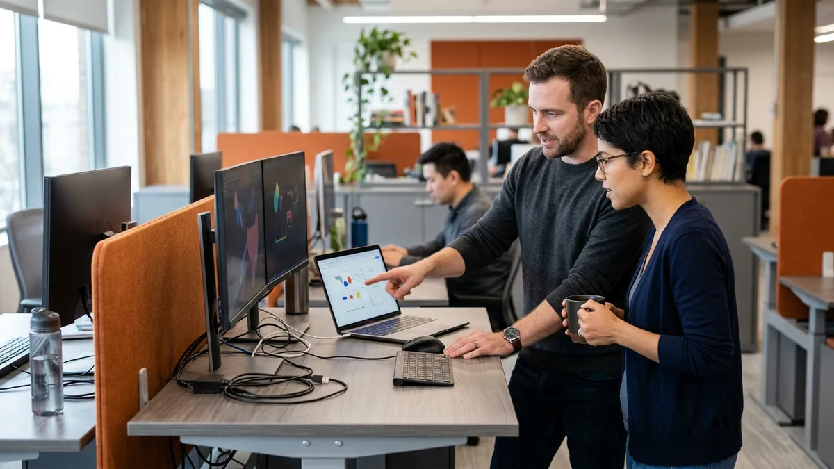 Two software engineers at a sit-stand desk, one pointing at a laptop while the other holds a coffee mug and reads along during a pull request review