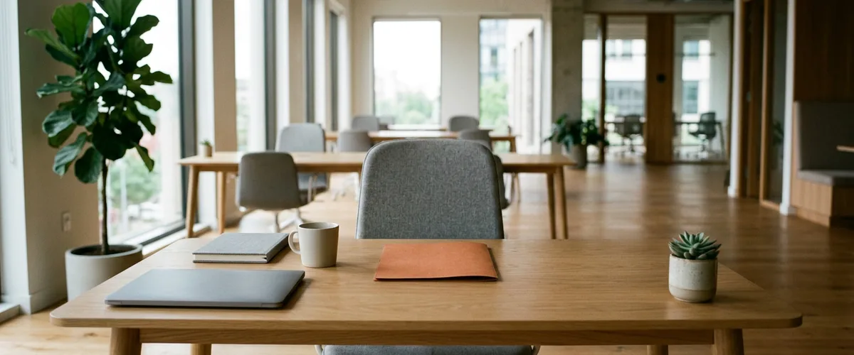 Empty light-oak office desk with a closed gray laptop, a notebook, a mug, and a plain orange folder set out for a new contractor's first day