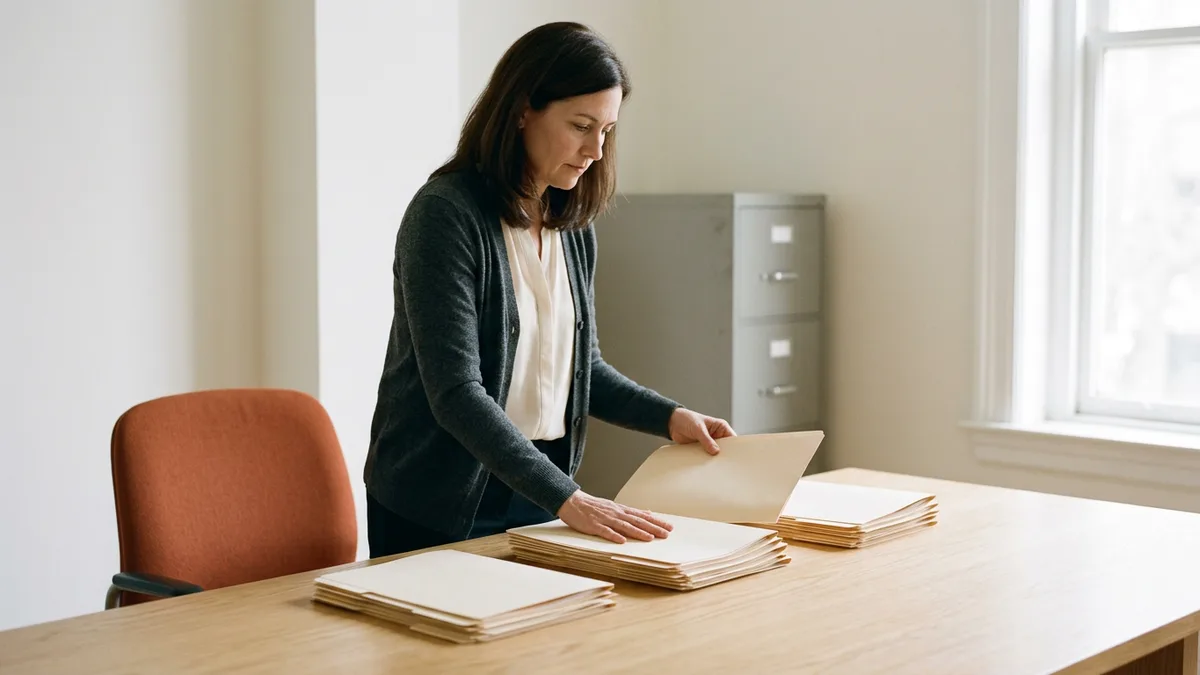 Financial controller in a charcoal cardigan sorting plain manila folders into three piles on an oak table beside a gray filing cabinet