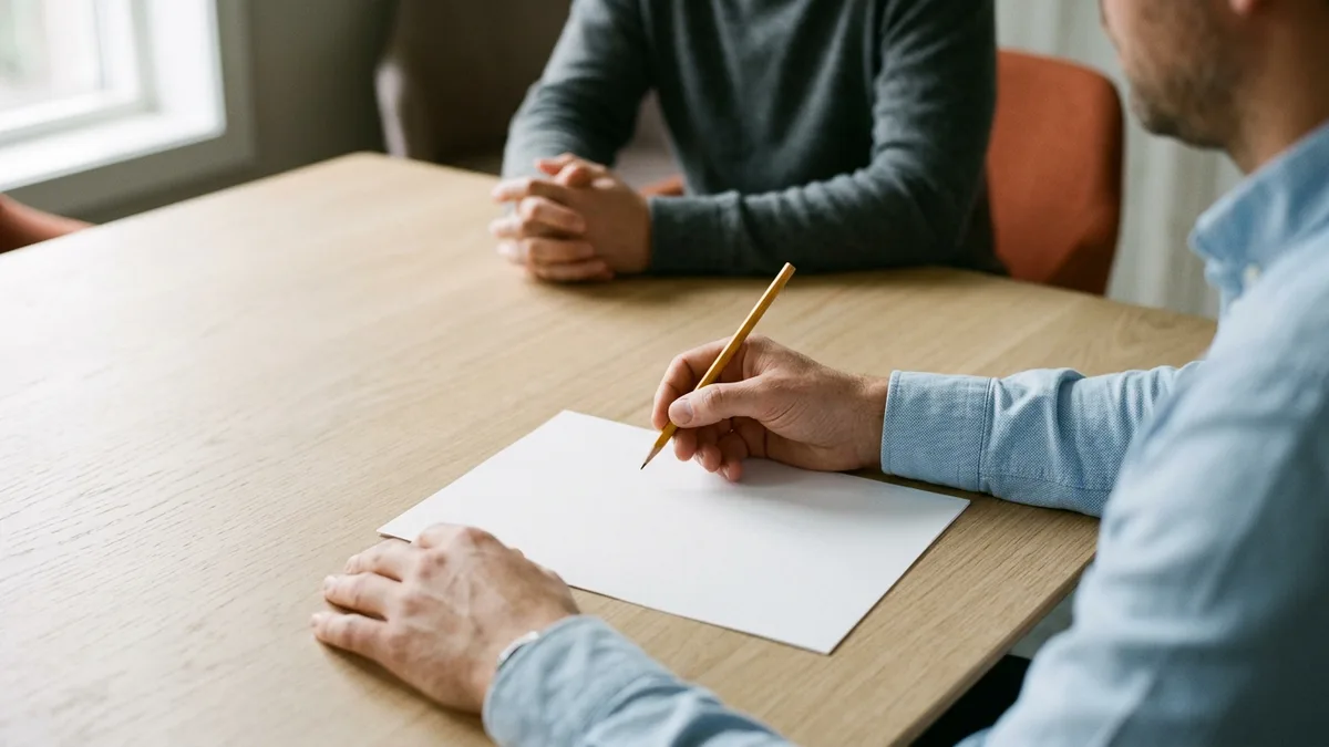 Controller candidate holding a pencil over a single sheet of paper during an interview exercise while the interviewer waits across the table