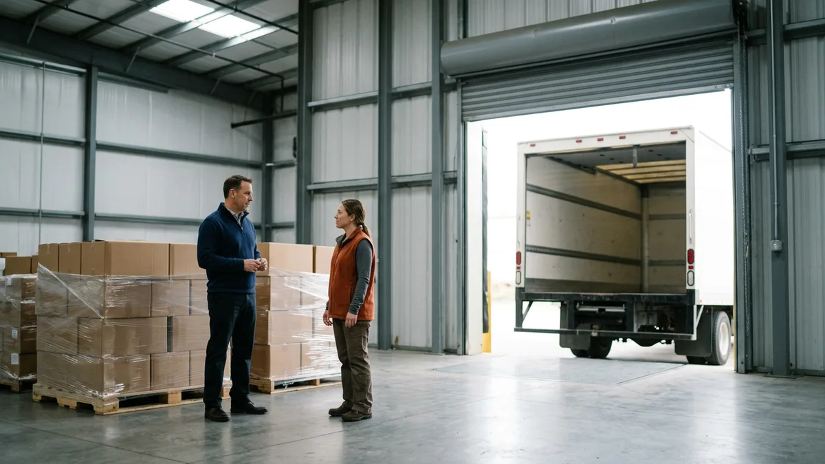 Finance manager and a receiving lead talking beside shrink-wrapped pallets while an empty box truck sits at the open warehouse dock door