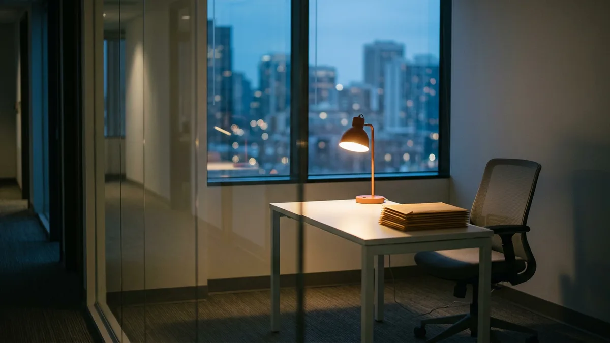 Empty finance office seen through a glass wall at dusk, with an orange desk lamp lit over a stack of envelopes and the city behind