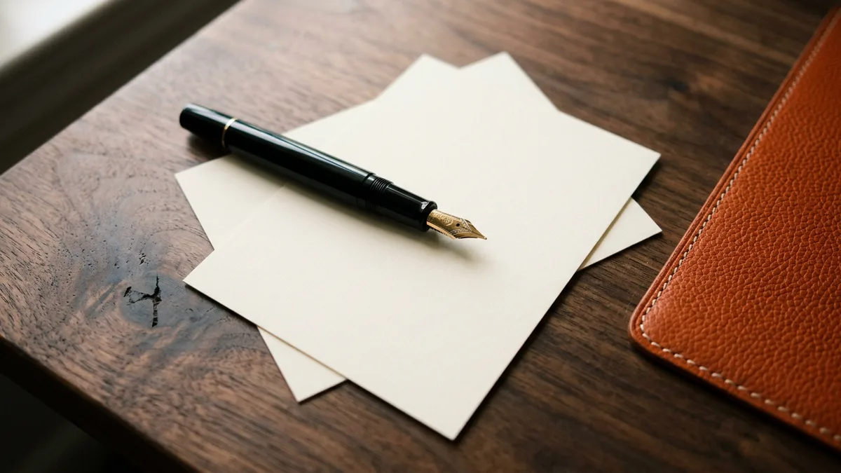 Black fountain pen with a gold nib resting on blank cream card stock beside an orange leather desk pad on a walnut desk