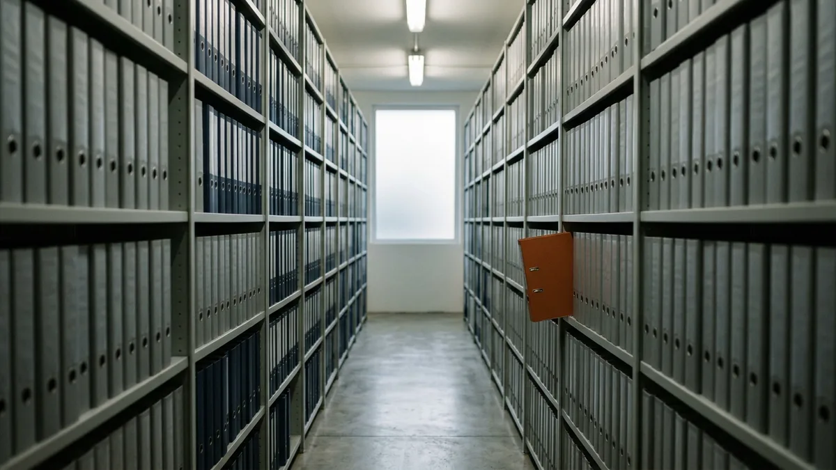 Aisle of gray steel shelving lined with blank gray and navy binders, one orange binder pulled halfway out of its row