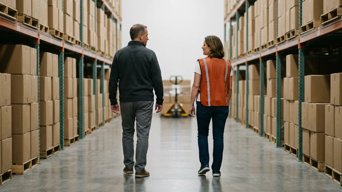 Man in a charcoal sweater and woman in an orange safety vest walking side by side down a warehouse aisle between racks of cartons during a floor walk