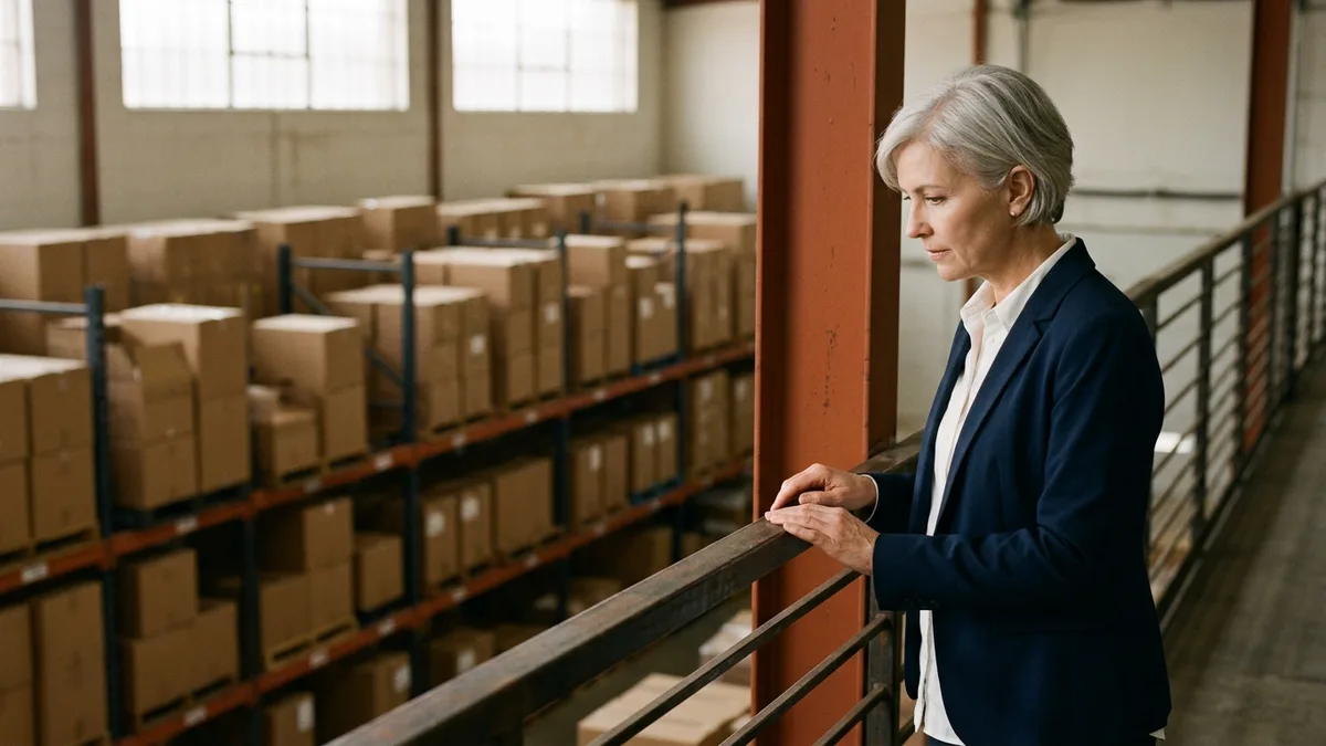 Operations executive with short silver hair in a navy blazer resting her hands on a mezzanine railing and looking down at pallet racks of brown cartons