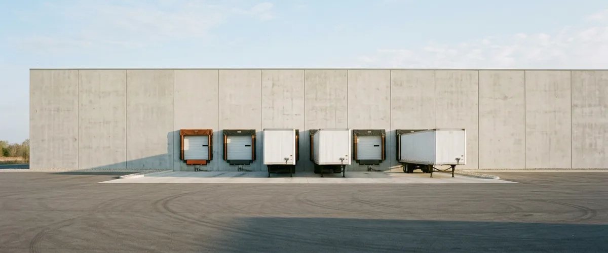 Concrete distribution warehouse wall with six loading dock doors, three plain white trailers backed in and three closed doors with orange bumper pads