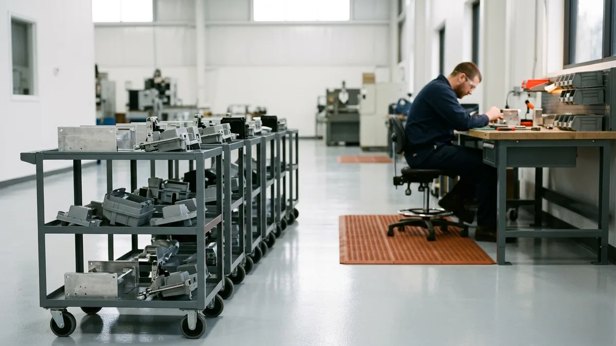 Six gray rolling carts of unfinished metal subassemblies lined up on a clean factory floor waiting for one technician working at a bench
