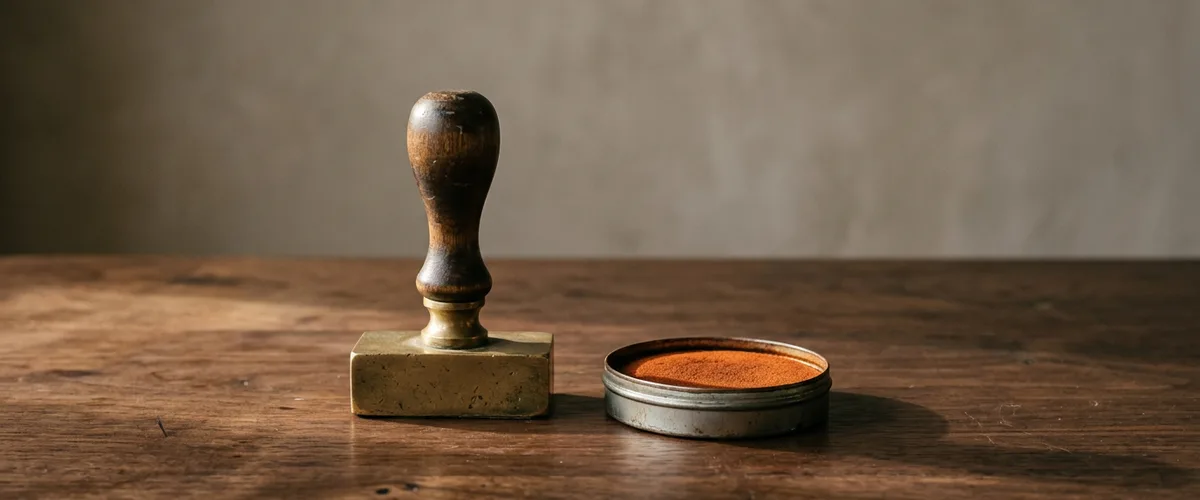 Old brass desk stamp with a wooden handle beside a tin ink pad with orange ink on a walnut desk