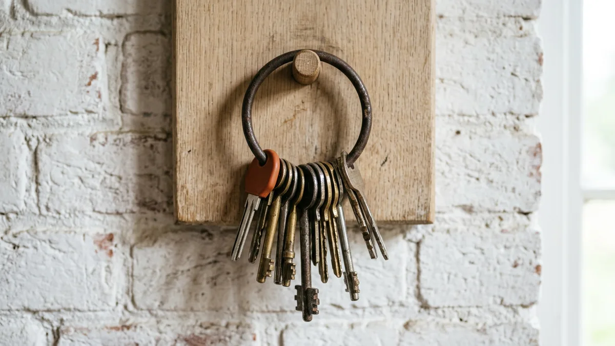 Iron key ring holding a dozen brass and steel keys, one with an orange head, hanging from a wooden peg on a whitewashed brick wall