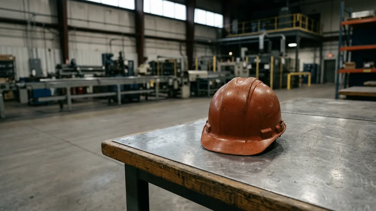 Orange hard hat resting on a worn steel workbench in an empty manufacturing plant at dawn
