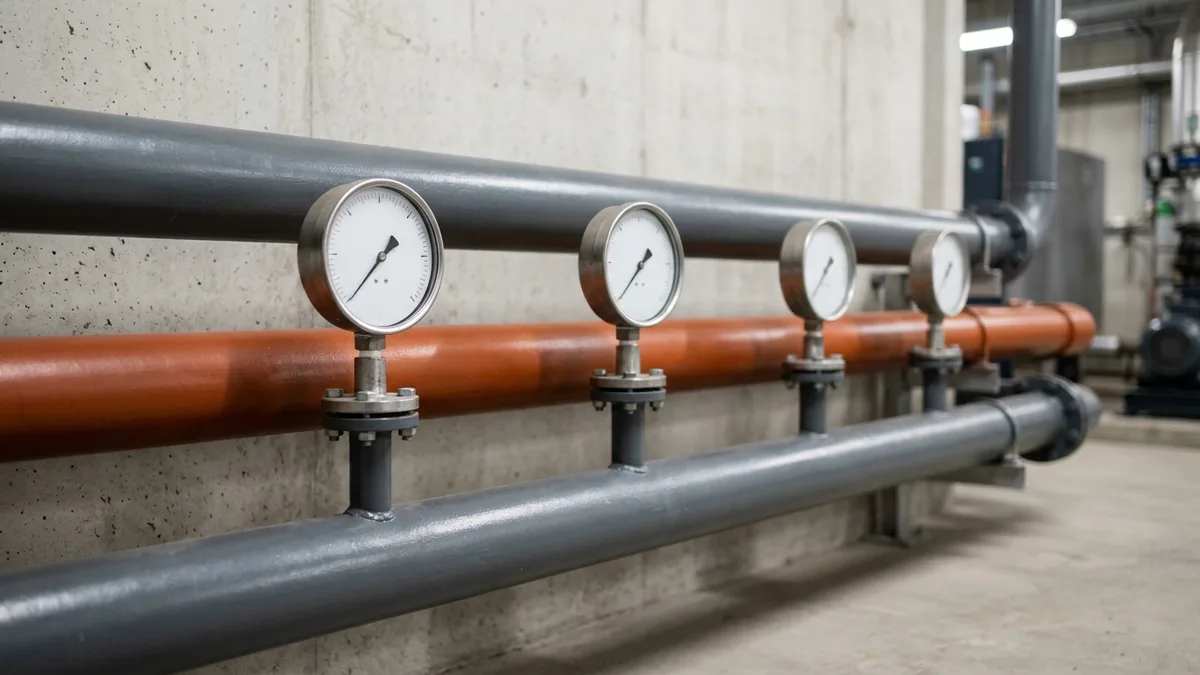 Row of four plain analog pressure gauges mounted on orange and grey steel pipes along a concrete plant room wall