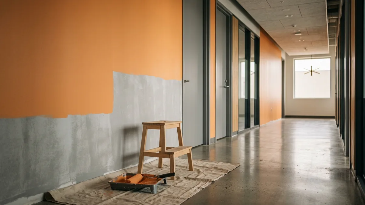 Office corridor wall painted orange only partway, with a wooden step stool and paint roller tray left on a drop cloth where the work stopped