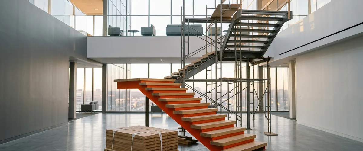 Half-built office atrium staircase with finished oak steps on an orange stringer below and steel scaffolding above, representing an IT project that cannot be paused