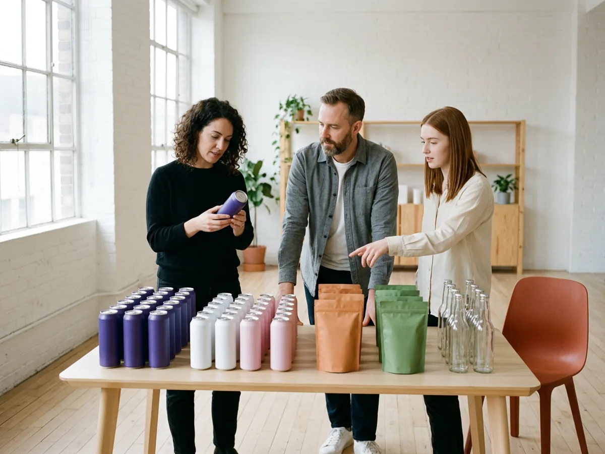 A consumer brand marketing team studying unlabeled violet, white and pink cans, solid-colour pouches and glass bottles lined up like a store shelf on a long wooden table