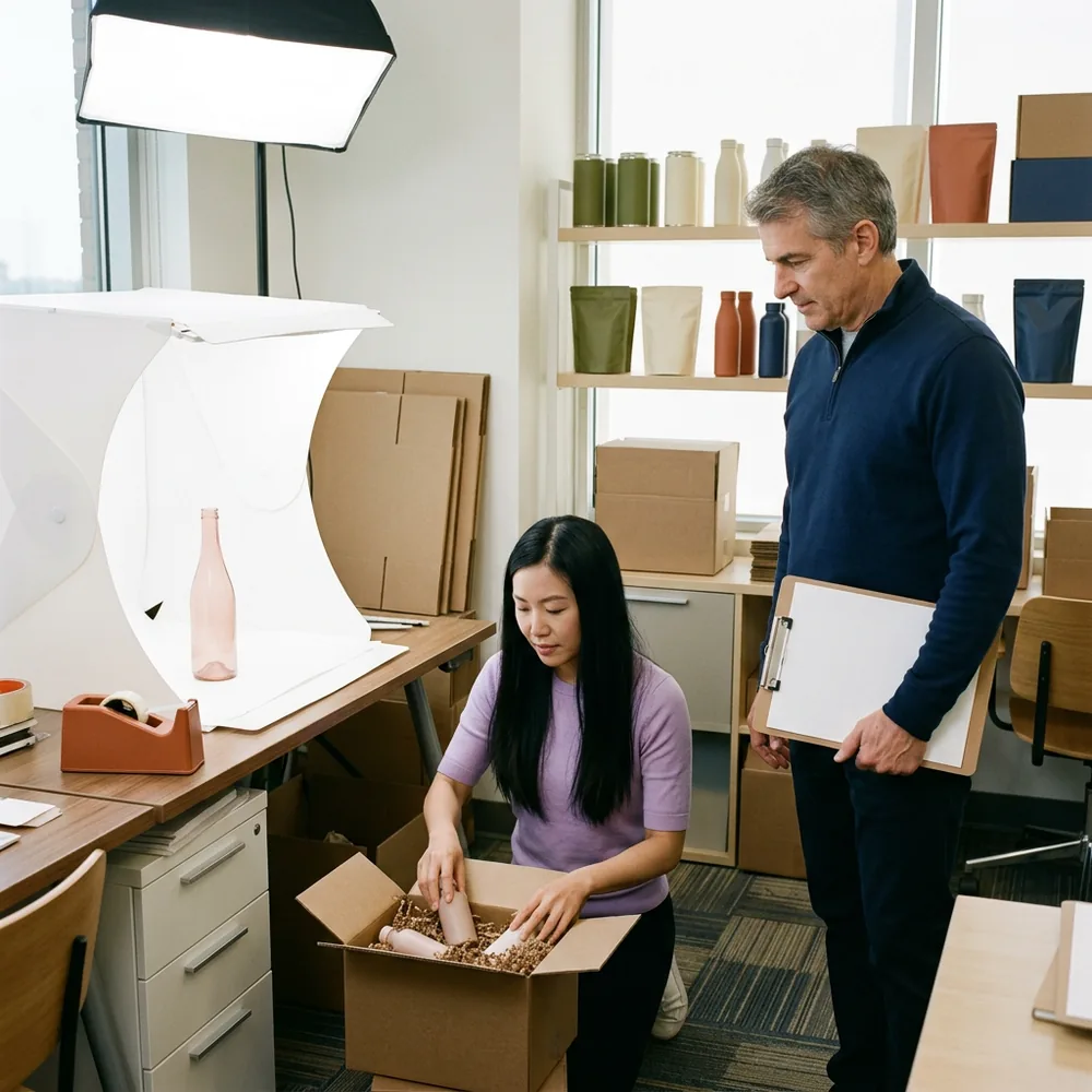 A woman packing sample bottles into a brown shipping carton beside a small product photography light tent while a colleague holding a clipboard looks on