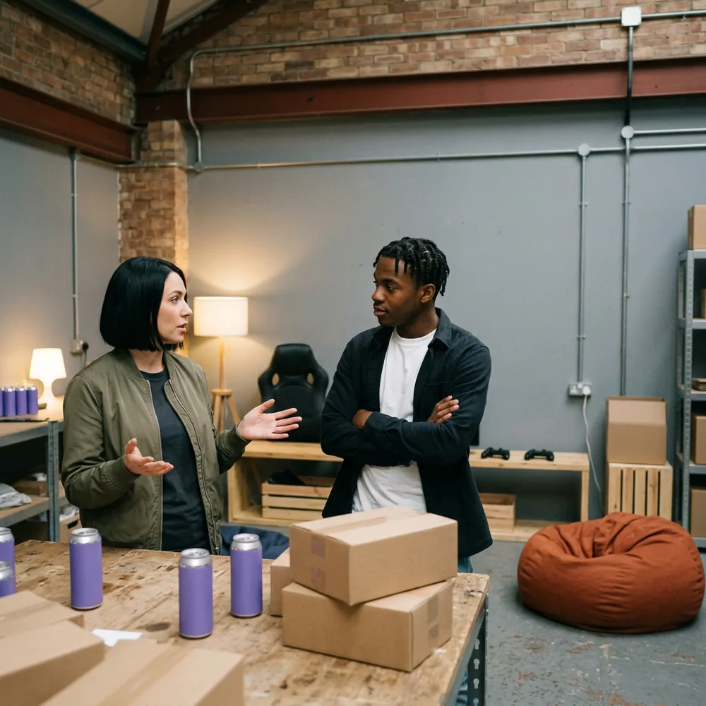 Two colleagues at a gaming and energy drink brand talking across a worktable stacked with plain shipping cases and violet cans, a gaming chair behind them