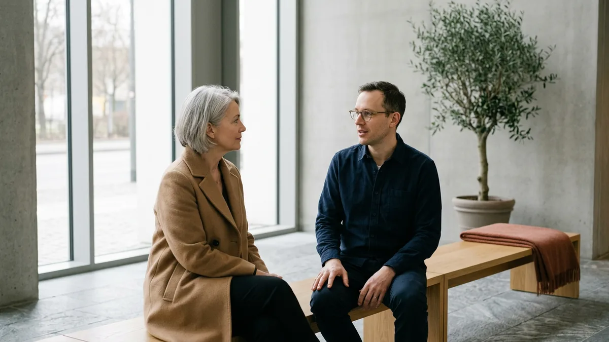 Silver-haired woman in a camel coat talking with a man in glasses on an oak bench in a bright office lobby about a creative director role