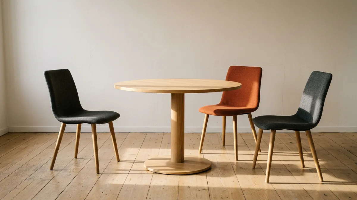 Empty round oak table with three chairs pushed back after a hiring panel debrief on a chief revenue officer finalist
