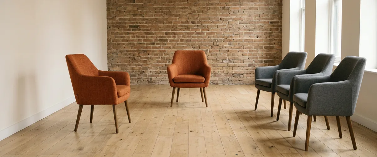 Empty interview room with two orange armchairs facing three grey armchairs before a chief revenue officer final round