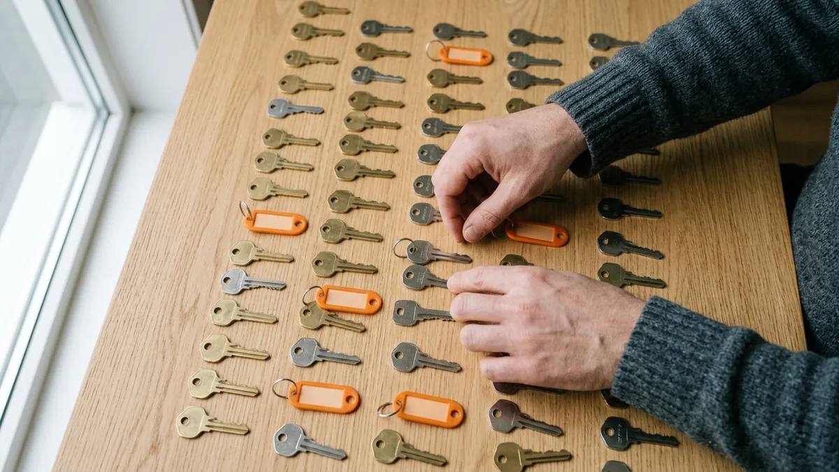 Hands sorting rows of brass and steel keys with blank orange tags on an oak table, a metaphor for cryptographic key inventory