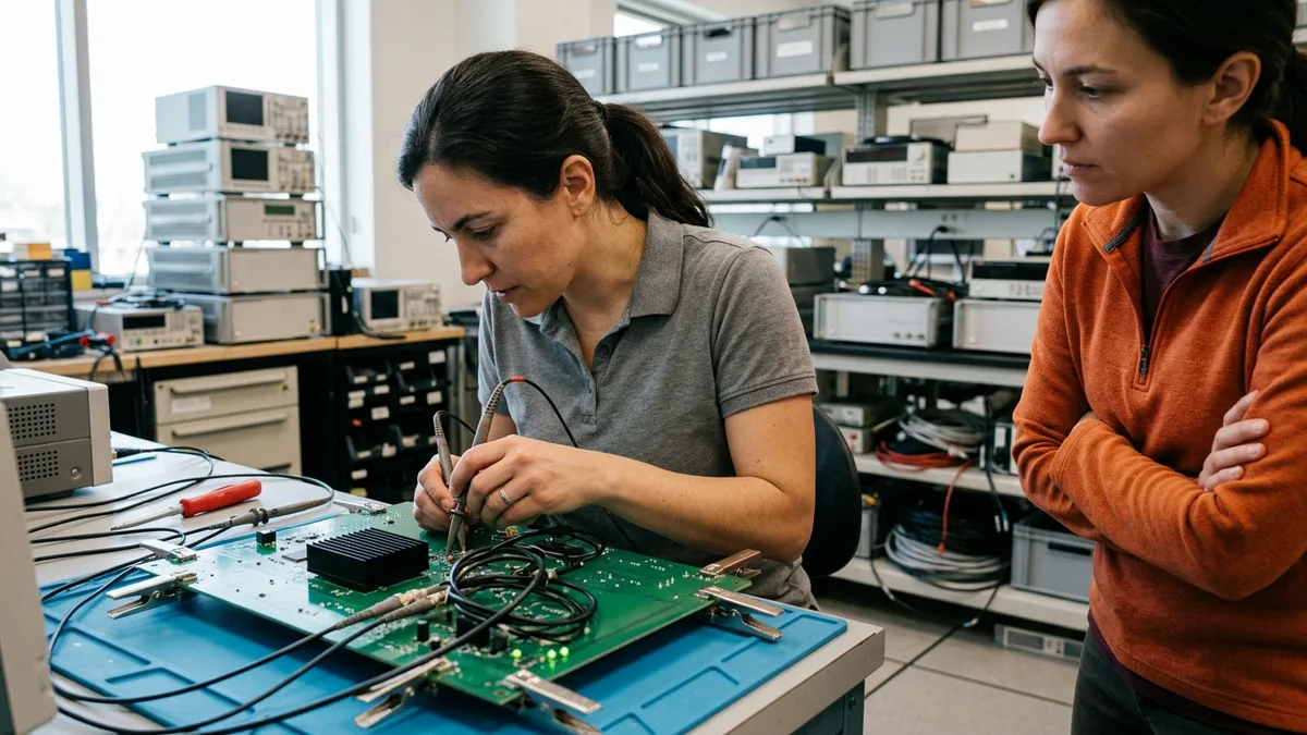 Validation engineer probing a green evaluation board on an anti-static mat while a colleague in an orange quarter-zip watches
