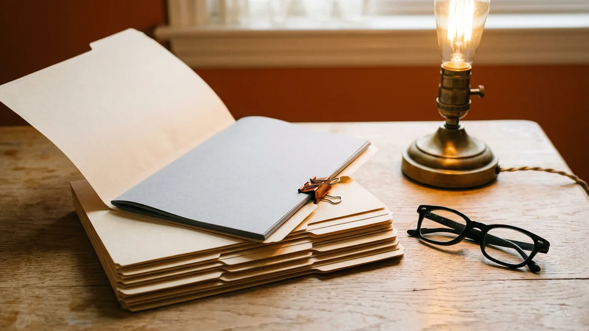 Stack of blank manila folders with the top folder held open by an orange binder clip beside a lit brass lamp and reading glasses on an oak desk
