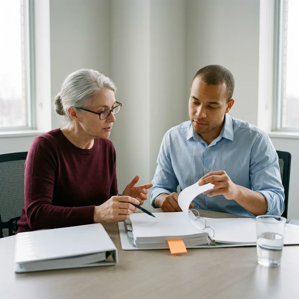 Compliance analyst in a burgundy sweater points to a page in an evidence binder while an external auditor in a light blue shirt turns the pages