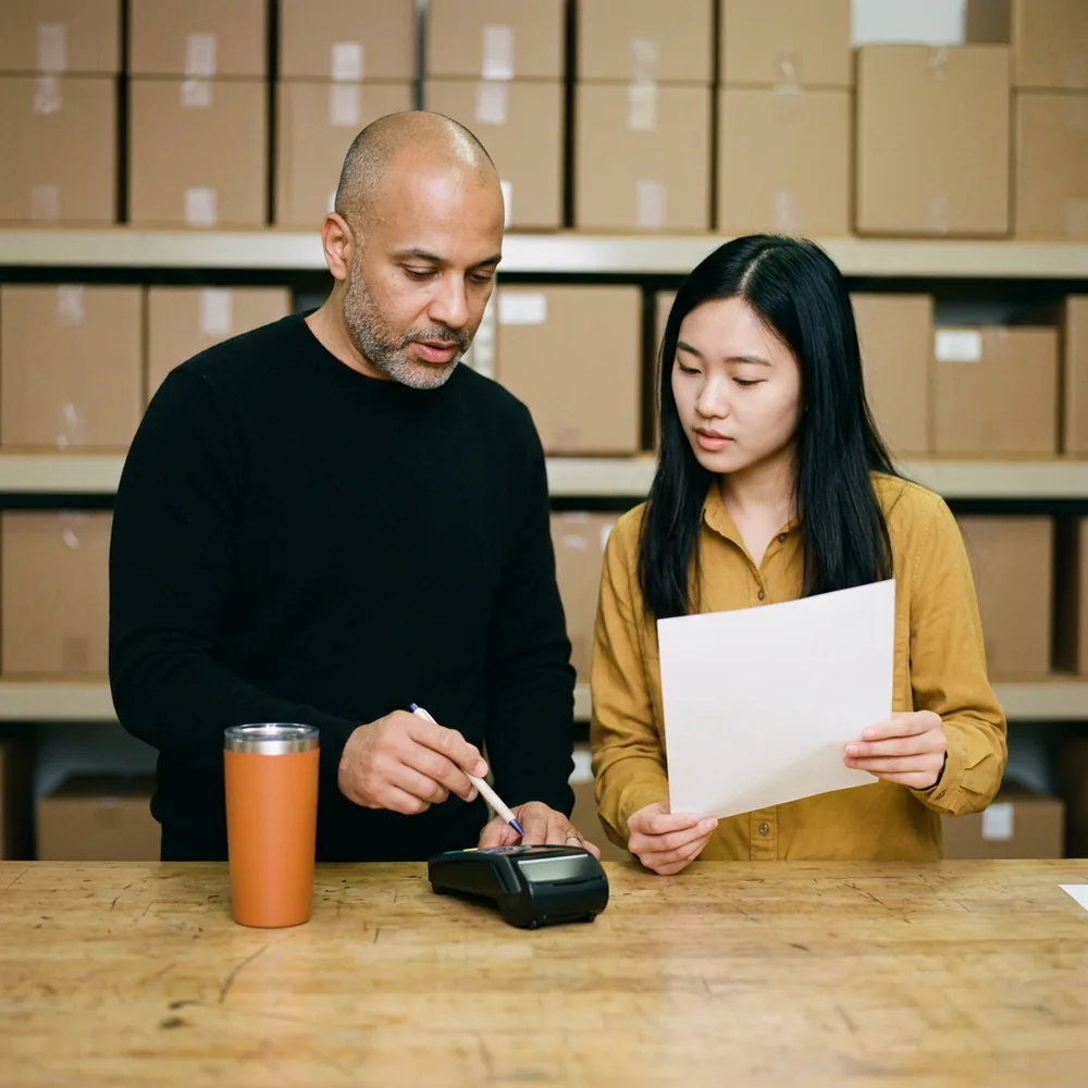 Application security engineer and a front-end developer study a card payment terminal on a worktable, one holding a printed page, an orange tumbler beside them