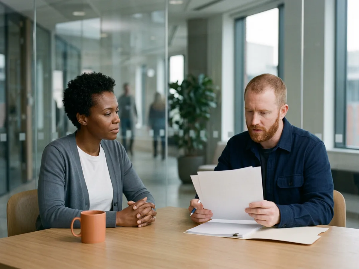 Security engineer in a grey cardigan waits while an outside penetration tester in a navy shirt reads printed remediation pages at a meeting table, an orange mug beside her