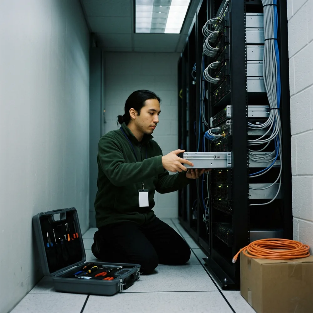 Systems engineer in a green fleece kneels in a server room sliding a rebuilt server into an open rack, a toolcase and an orange network cable on the floor