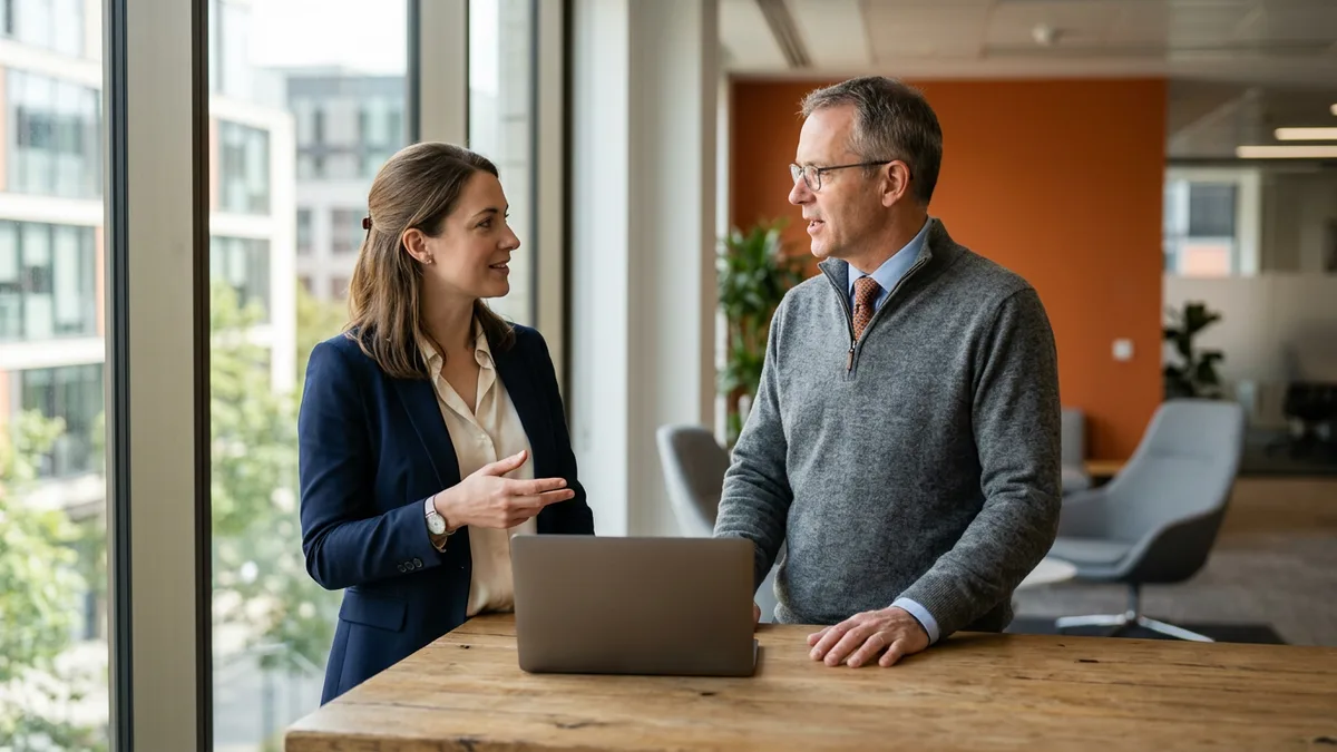 Data analyst in a navy blazer talking with a finance director beside a closed laptop, the buyer conversation behind contract data analyst and BI developer bill rates