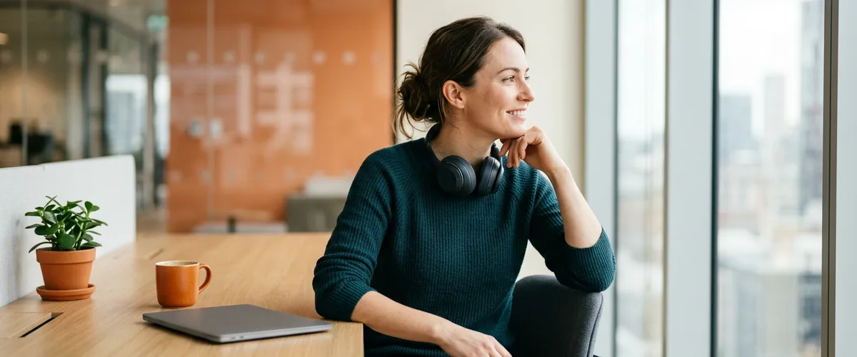 BI developer seated at an office desk with headphones around her neck looking out a window, contract data analyst and BI developer bill rates 2026
