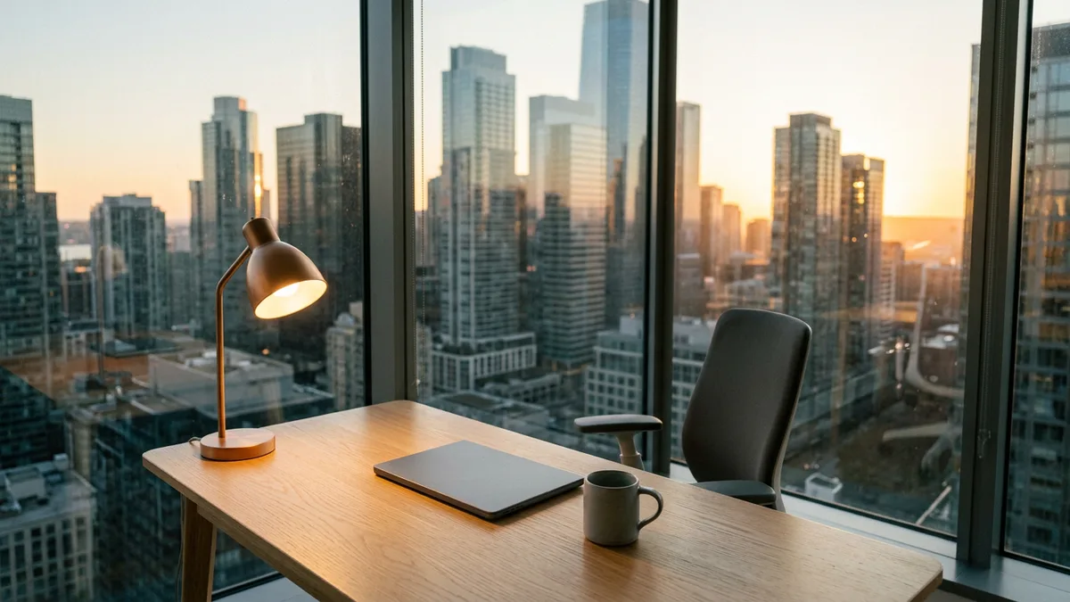 Office desk with a lit orange lamp and closed laptop in front of a city skyline at sunset, contract data analyst bill rates changing by metro