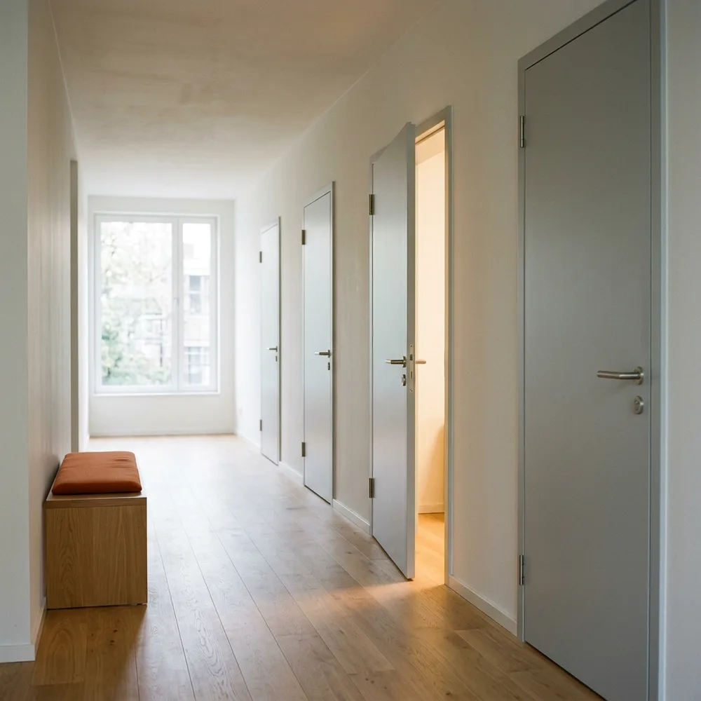 A quiet pale corridor with four identical grey doors along one wall, the second door open a hand width and warm light spilling onto the oak floor