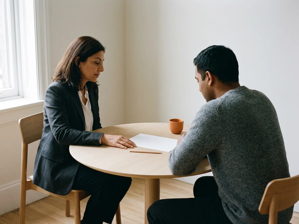 A hiring manager and a contract data engineer sit at a small round oak table in a bright office, a single blank sheet of paper and a pencil between them