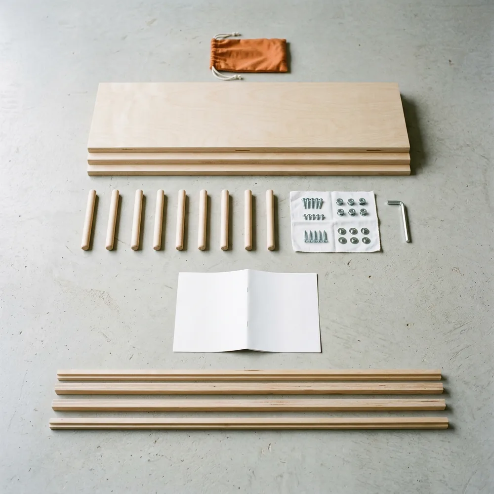 The unassembled parts of a plain birch plywood bookcase laid out in neat rows on a pale concrete floor, with dowels, fasteners on a white cloth and one hex key