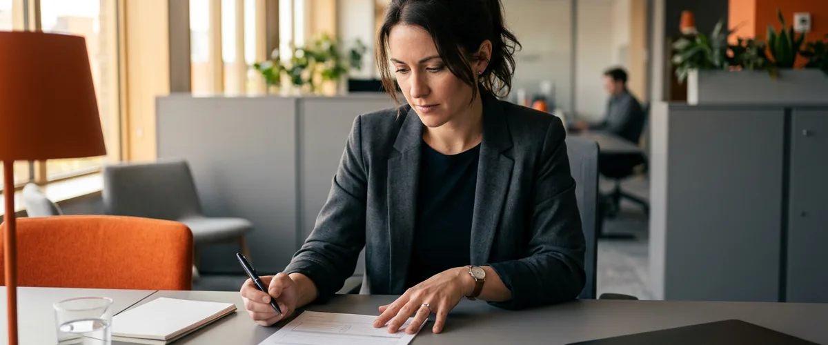 Hiring manager reviewing a thin printed statement of work with blank deliverable sections at a desk