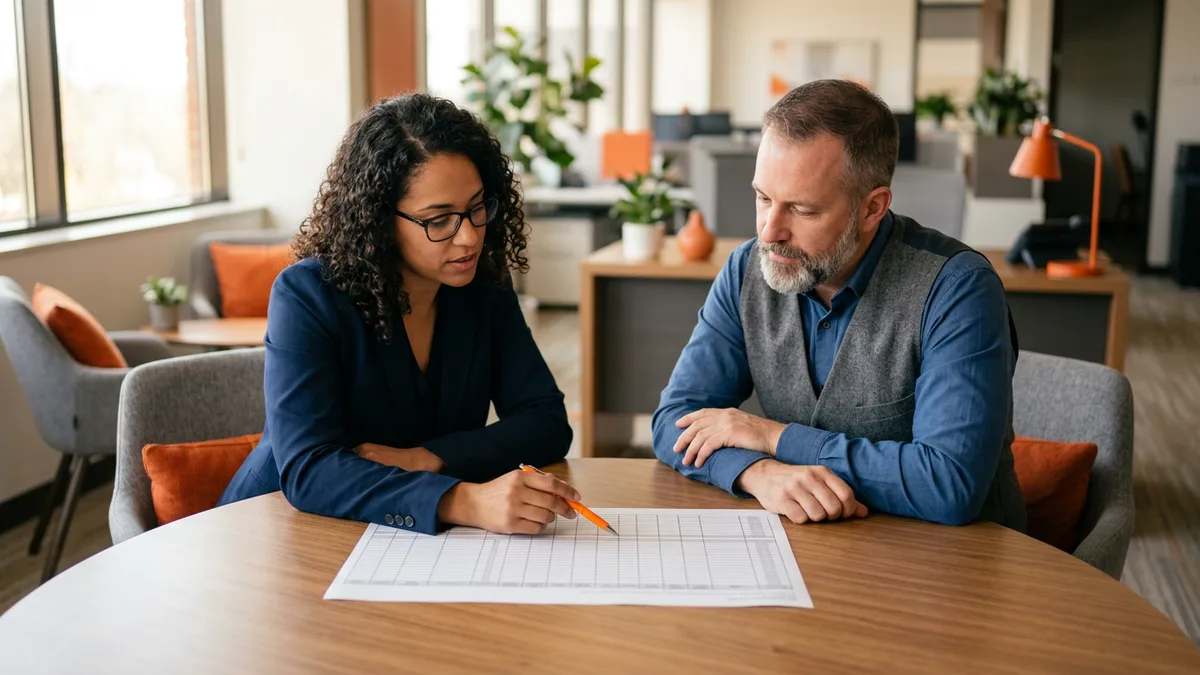 A data engineer and an operations manager reviewing a printed deliverables table together at a round table, one pointing at a row with an orange pen