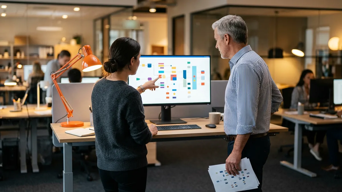 Data engineer pointing at an abstract pipeline diagram on a monitor beside a credit analyst holding printed pages, orange desk lamp nearby