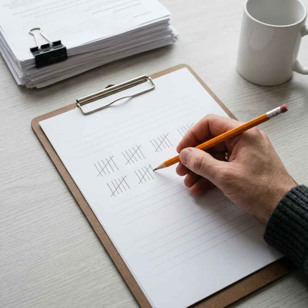 Hand marking pencil tally strokes on a clipboard sheet beside a stack of printed statements, one stroke per working day