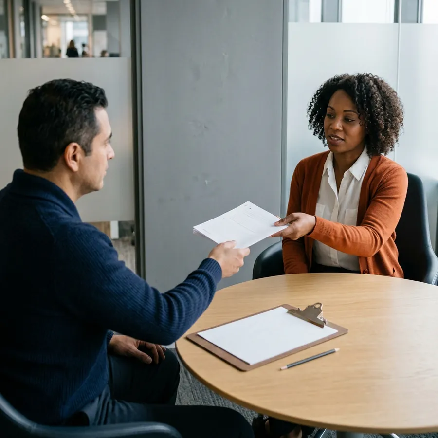 Consultant handing a short written report across a meeting table to a colleague, with a clipboard and pencil between them