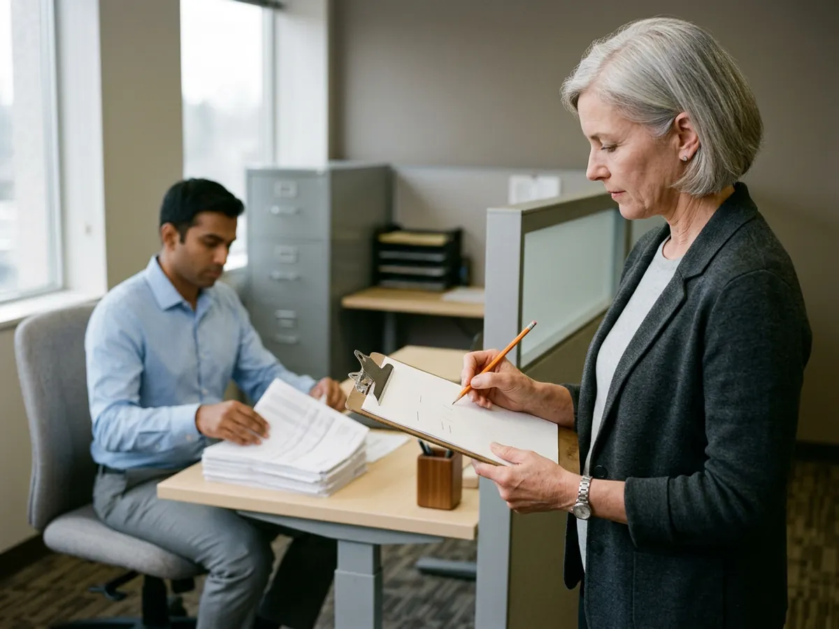 Consultant with a clipboard and pencil tallying how an operations analyst spends the day during a data foundation assessment