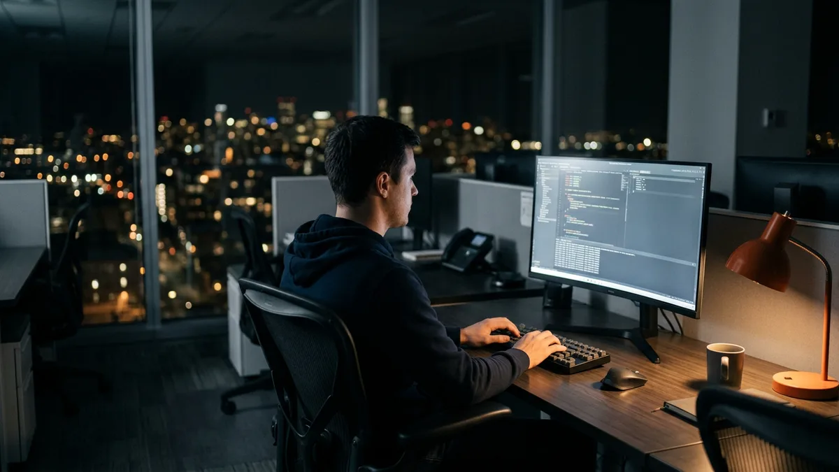 Data engineer monitoring a platform data migration cutover window overnight at a single workstation