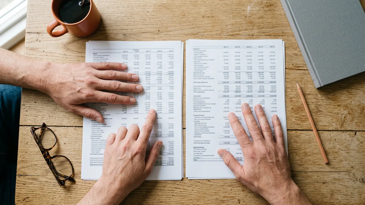 Two reviewers comparing printed source and target ledgers during data migration reconciliation