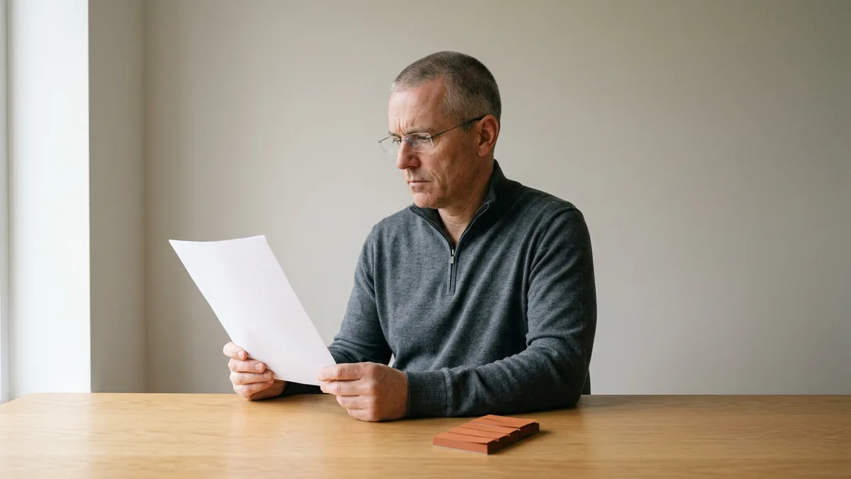 A man in rimless glasses and a charcoal quarter-zip sweater reading a single sheet of paper at an oak desk, a pad of orange page flags beside him